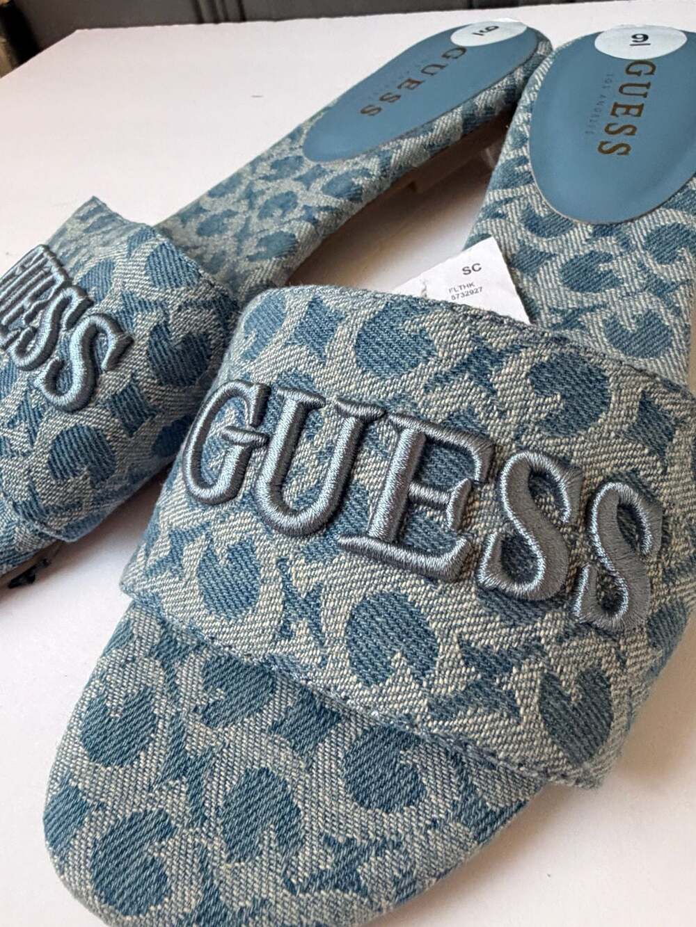 GUESS Bintai Denim Jacquard Embroidered Logo Platform Slide Sandals